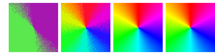 from left to right: 1-bit graphic (max. 2 colors), 4-bits graphic (max. 16 colors), 8-bits graphics (max. 256 colors) and 24-bits graphic (max. 16.777.216 colors)