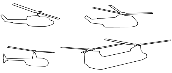 bell uh-1 (top left), sikorsky S-76/super puma (top right), r22 (bottom left) and chinook (bottom right)