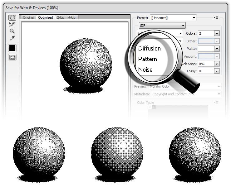 dithering types; diffusion, pattern, noise