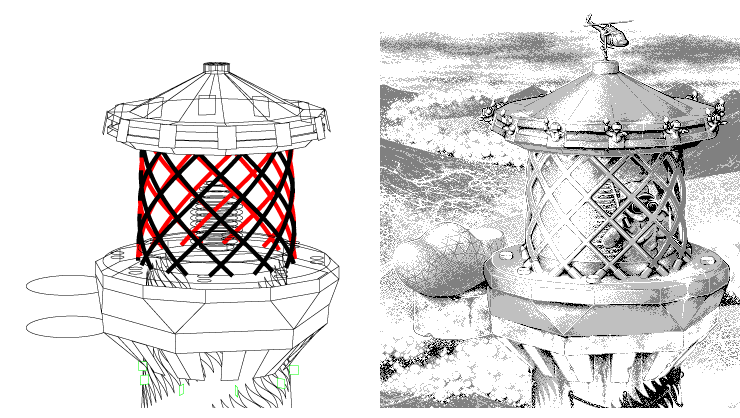 lighthouse top, left the vectorized, postscript version on the right the pixel art illustration