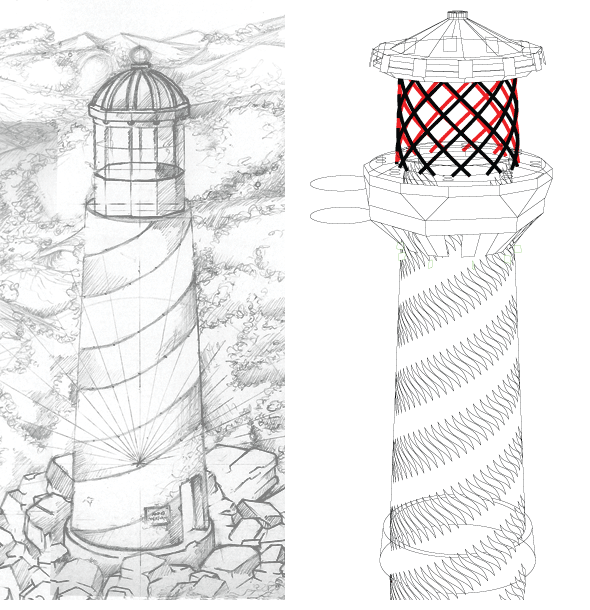 sketch lighthouse and postscript version of lighthouse